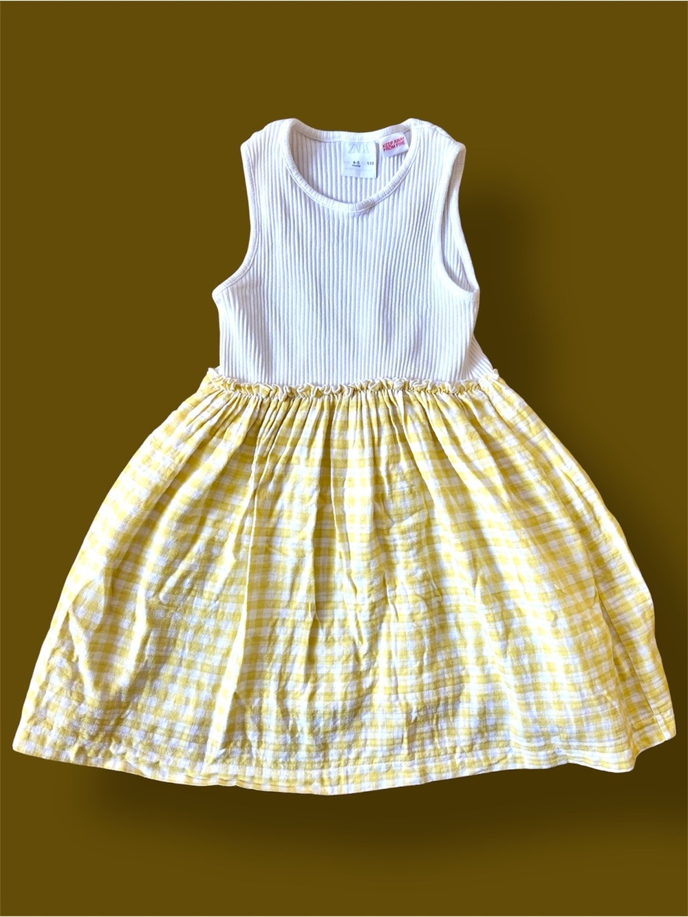 Zara White Ribbed Tank Dress with Yellow Gingham Skirt